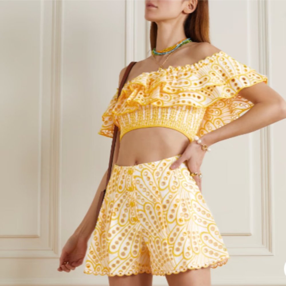 CHARO RUIZ  - Clara cropped off-the-shoulder broderie anglaise cotton-blend top
